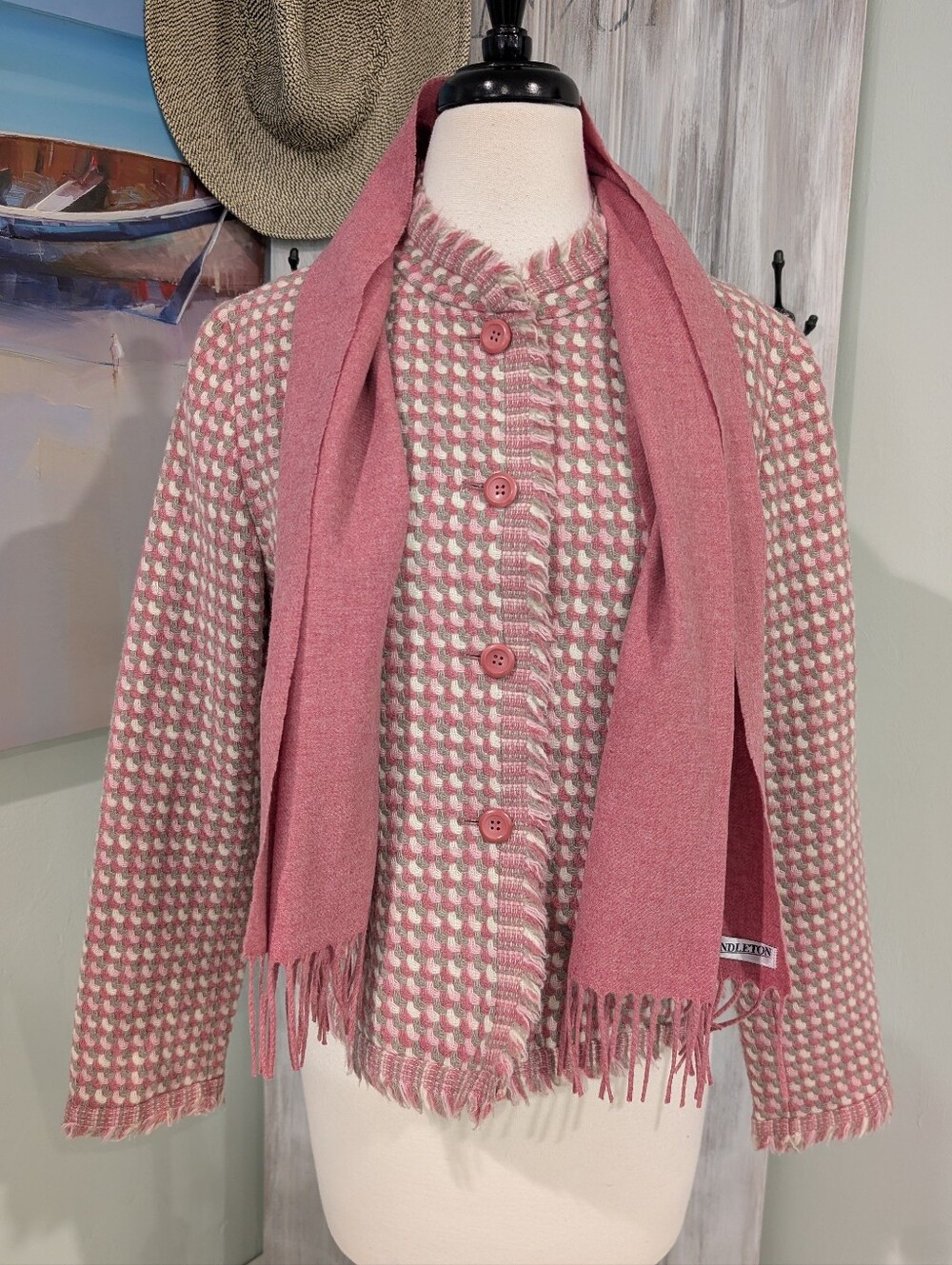 Vintage Pendleton Pink Knit Button-Front Jacket with Scarf